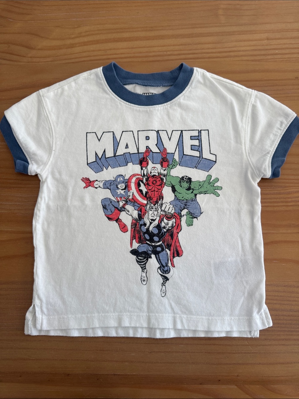 Gap Marvel Boys White Tee with Blue Trim and Classic Avengers Graphic